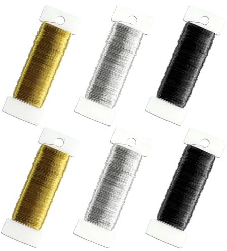 0.35 mm x 300 m Basteldraht Dünn,6 Rollen Draht zum Basteln,Weihnachten Dekoration,Handwerk,Pflanzen,Wickeldraht Bindedraht, Schmuckherstellung,Gold,Silber und Schwarz,50 m/Rolle(G-S-B)