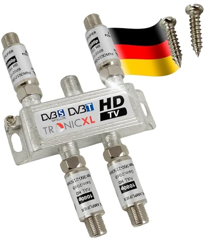 TronicXL Répartiteur satellite 4 voies 80 dB I Répartiteur d'antenne souple DVB-S2 DVB-T2 souple avec amplificateur d'antenne pour amplificateur de signal HDTV 3D 4K pour une bonne réception