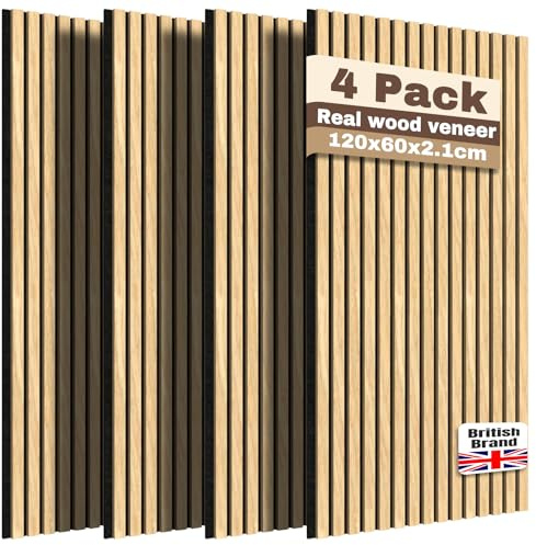 Wood Acoustic Panels - Set of 4 | 120 x 60 cmx2.1cm | Real Wood Veneer & Acoustic Felt - 3D Wall Panels for Sound Insulation & Indoor Wall Cladding Sound Absorbing Wood Paneling
