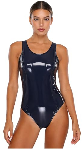 Msemis Dam wetlook body ärmlös baddräkt PU-läder ett stycke catsuit babydoll stringbody glänsande teddy jersey badkläder baddräkt underkläder rave party klubbkläder, Mörkblå, XL