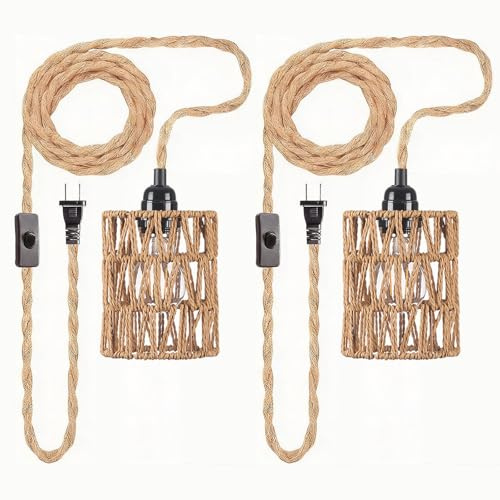 Finktonglan 2er-Set Boho Pendelleuchte mit Stecker und Schalter, Juteseil | Handgeflochtener Boho-Lampenschirm, langes Steckerkabel mit Ein-/Ausschalter für Schlafzimmer, Wohnzimmer, Flur und Balkon