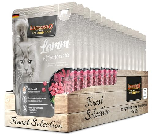 Leonardo Sacchetto salvafreschezza [16x85g Agnello + Cranberries] | Cibo umido senza cereali per gatti | Alimento completo umido in busta monoporzione
