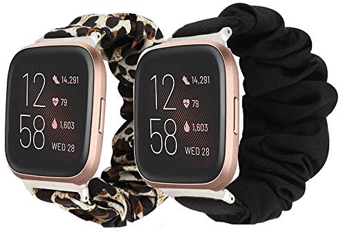 LvBu Armband Kompatibel mit Fitbit Versa 2, weiche Haargummis Uhrenarmband für Fitbit Versa 2 Health & Fitness Smartwatch (Schwarz+Leopard)
