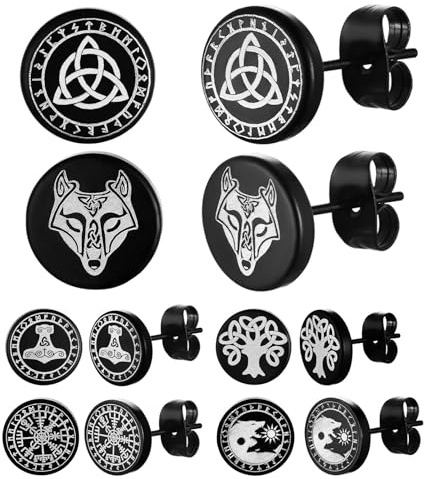 FaithHeart Herren Ohrringe Set 6 Paar Wikinger Ohrstecker Ohrclip Wolf Ohrstecker Schwarz Ohrschmuck für Damen Jungen