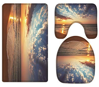 A.Monamour Badezimmer Badematte 3 Teilig Set Sandstrand Ozean Wellen Sonnenuntergang Naturlandschaft Flanell WC Toilette Deckel Deckt Bad Matte Teppich Badteppiche Badvorleger Badgarnitur Vorleger