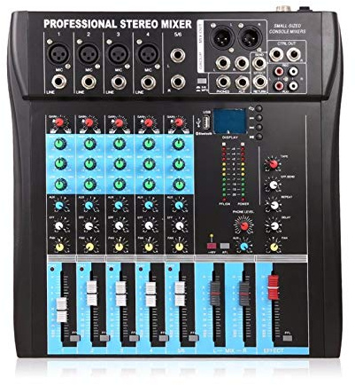 AFYH Mesas de Mezcla Estudio, Mezclador estéreo Profesional 6 Canales, Consola Sonido Audio en Vivo, procesador Efectos vocales con Entrada Mono 4 Canales y 2