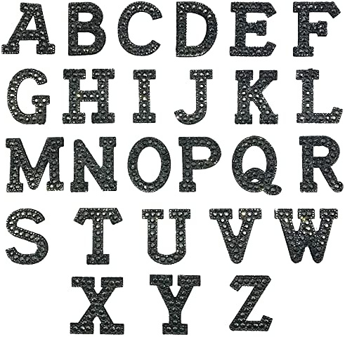 Woohome 26 Stück Flicken Patche Strass Buchstaben Aufnäher A-Z Bling Patches zum Aufbügeln Schwarz Pearl Englischer Buchstabe Alphabet Applikation für DIY Bastelbedarf, Schwarz