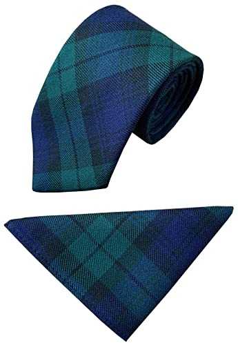 Men's Black Watch Universal Tartan Plaid Check Neck Tie & Hanky Set