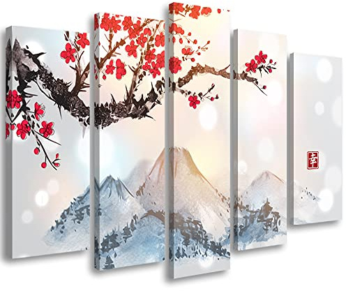 Feeby Bild auf Leinwand 150x100 cm Japan Blühender Kirschbaum Berge 5-teilig modern Druckbild Wandbild Wanddekoration Aesthetic Kanji Orientalisch Osten Asien Rosa