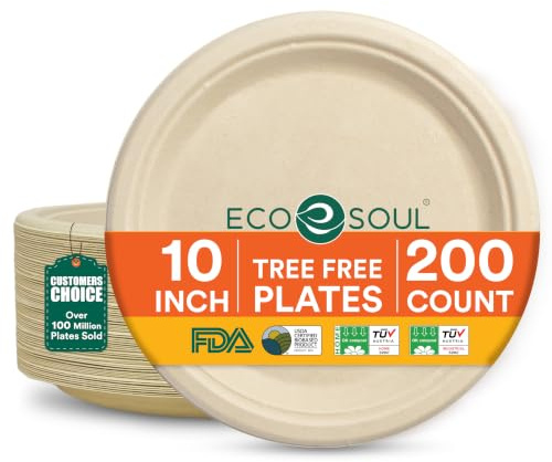 ECO SOUL Pappteller(25 cm) 10 Einwegteller, Natürlich(200-Stück) | Nachhaltige Alternative, 100% kompostierbar, Extra stabildeal für den täglichen Gebrauch, Premium Qualität, 200er Pack