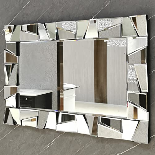 Chende Decorative Mirror for Wall, 36 x 24 Living Room Mirror with Uneven Glass Frame, Large Wall Mirror with Beveled Edge for Bathroom, Dining Room, Entryway