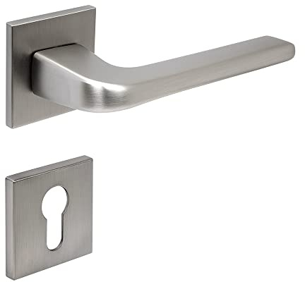 FELGNER Ensemble de poignées de porte Cortina pour cylindre profilé | Plaque de porte moderne de haute qualité, ensemble poignée et rosace pour portes intérieures et portes de chambre | argent