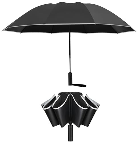 FATONESA Parapluies inversés pour la pluie Coupe-vent-Inversé Compact Pliage Automatique Bandes de sécurité réfléchissantes, UPF 50+ 99% Protection UV Portable 47 pouces 10 Baleines Parapluie, noir