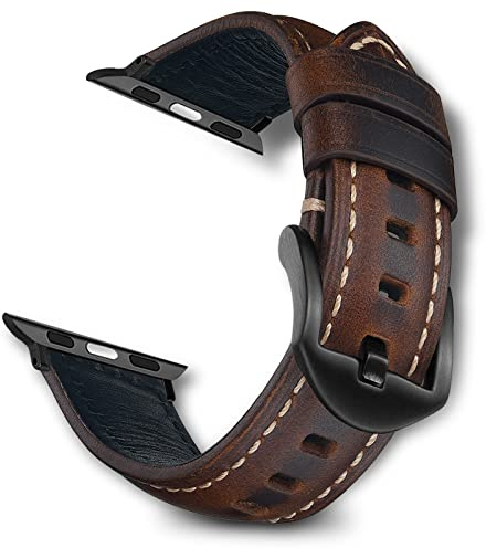 RoYiio Bracelet Cuir pour Apple Watch 42mm/44mm/45mm/46mm/49mm Bracelet en Cuir Ciré à l'huile pour Bracelets Apple Watch Ultra 3/2, SE 3/2, Series 11/10/9/8/7/6/5/4/3/2/1 - Marron Foncé