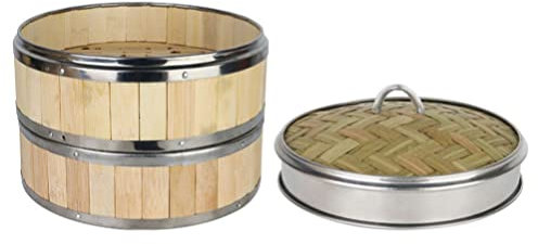 PAREKS Dumpling Maker Steamer Basket 1 Set Bamboo Steamer with Stainless Steel Banding and Lid 2 Tier Food Steamer Dumpling Vegetable Steamer Baskets for Home Kitchen Dumpling Maker Steamer Basket