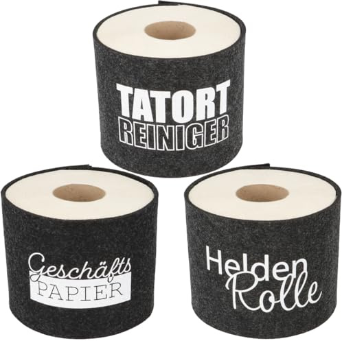 3er Set Toilettenpapier Banderole mit lustigen Sprüchen | Klopapierverstecker | WC Papier Lustig | Cover WC Rolle | Filzhülle (Dunkelgrau)