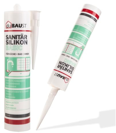 dubaust SAB24 Lot de 6 cartouches de silicone sanitaire Basic élastique résistant à l'humidité et à la moisissure pour salle de bain, cuisine, douche, pièces humides 300 ml (blanc)