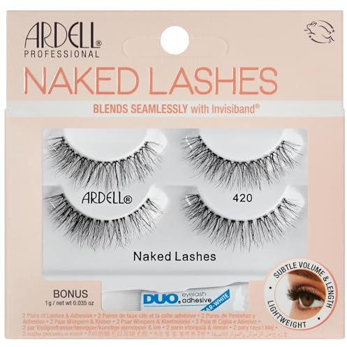 Ardell Naked Lashes 420 - Natural Volume & Lightweight Black Strip Lashes, 2 Pairs with 1g Duo Pipette, 1 Set