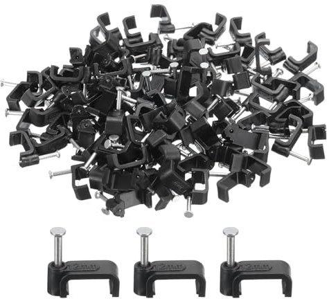 sourcing map 100Pcs Cable Clips with Steel Nails 12mm Square Wire Clip with Steel Nail for Cable Holder Cable Management Desk Organizers Wall, Black
