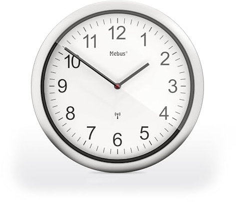Mebus Funk-Wanduhr, 26 cm, lautlos, silberner Rahmen, weißes Zifferblatt, Modell 19809 - Gut lesbar und stilvoll