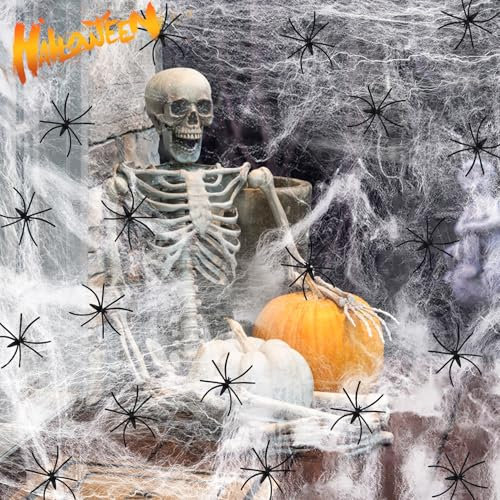 Ragnatele Decorative, 300g Decorazioni di Halloween Ragnatele, 80 Finti Ragni,Ragnatela di Decorazione per Halloween, Ragnatela Nero per Decorazioni Spaventose per Feste di Halloween e Feste di Notte