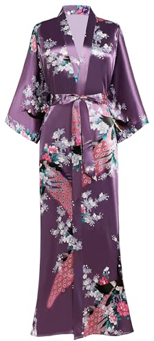 BABEYOND Vestaglia da donna, maxi abito lungo in seta, raso, kimono, motivo pavone, accappatoio lungo, da donna, per ragazze, pajama, feste, lunghezza 135 cm, Lilla, Taglia unica