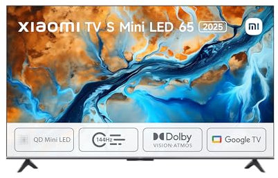 Xiaomi TV S Mini 65, Diseño sin Bordes, Google TV, QD-Mini LED, 1200 nits de Brillo máximo, Alta tasa de refresco 4K de 144 H,Ultra Fluido para Gaming, Dolby Vision IQ & Dolby Atmos,Google Assistant