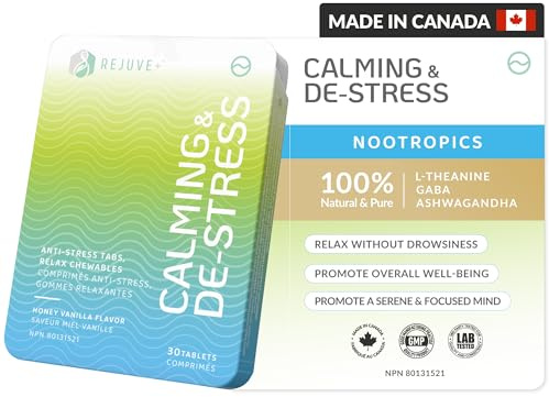 REJUVE+ Calm & Destress Nootropic Supplement – Brain Boost | L-Theanine, GABA, Ashwagandha, Vitamin D | Natural Stress Relief & Relaxation | Sleep Enhancer | Mood Enhancer | Honey Vanilla Flavor (1)