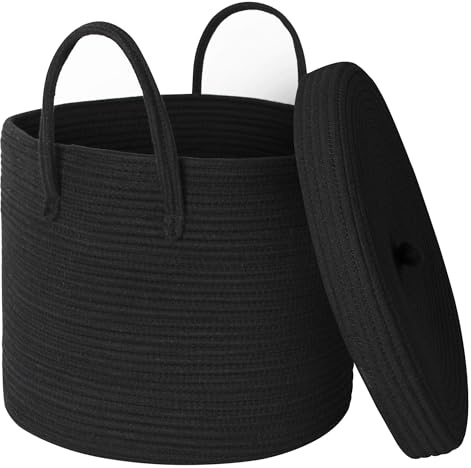 HONCESTA Grande cestino nero con coperchio, 38,1 x 33 cm, in corda di cotone, cestino portaoggetti per coperte, giocattoli, cuscini, asciugamani, biancheria, cestino portaoggetti in vimini per