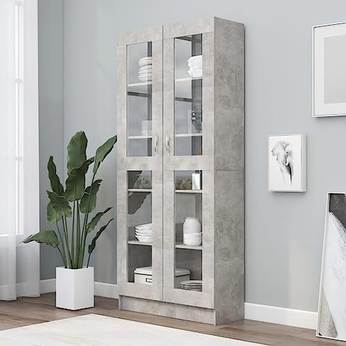 Vitrinenschrank Betongrau 82,5x30,5x185,5 cm Holzwerkstoff,Geräumige Vitrine aus Holzwerkstoff in Betonoptik mit 5 Fächern für vielfältige Dekorationsund Aufbewahrungsmöglichkeiten Wohnzimmer, Bücherr