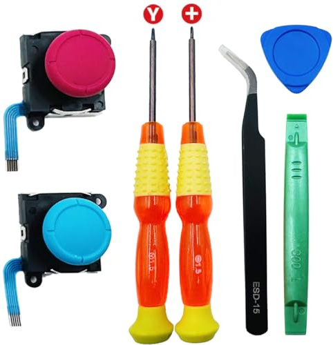 BlueMW 7 en 1 Kit de Réparation pour Switch Joy-Con, Analogiques 3D de Remplacement pour Joycon avec Tournevis Kit d'outils de Reparation pour NS Switch OLED/Switch/Switch Lite (Bleu Rouge)