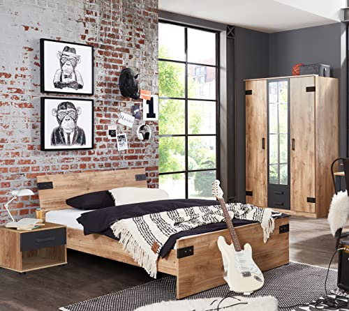 Liverpool Jugendzimmer Set, 140er Bett, Plankeneiche & Graphit | 3-teilig, Drehtürenkleiderschrank, Modern, Stilvolles Design