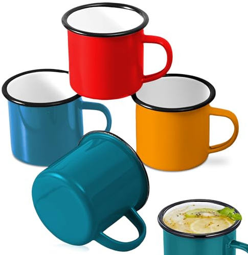 WANDGU Emaille Tasse 4er-Set: Emaille Camping Becher Set, Kaffeetassen Teetassen, Becher Retro, Trinkbecher Bürotasse, Tassenglas, Espressotassen, Weingläser für Daheim, Party, Büro, oder Camping
