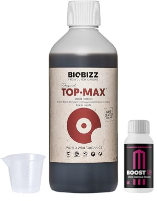 GROWMANIA Top Max de BioBizz 500 ml + Probe Boost Up de Up Nutrients + Cuillère à mesurer | Stimulateur de fleurs pour jardins urbains | Augmente la quantité et la taille des fleurs