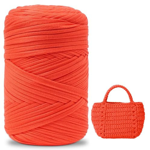 Fettuccia per Borse a Uncinetto，400 g Filato per Uncinetto, Filato Tessile per Cestini all'uncinetto, Adatto per la Realizzazione di Borse, Sacchetti, Tappeti, Artigianato Fai-da-te Rosso arancio
