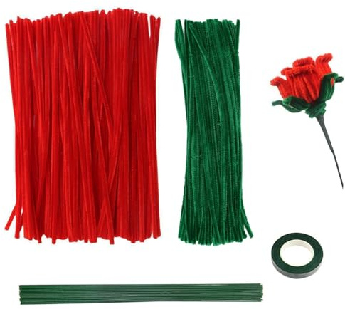 TIANLIN 400 Stück Pfeifenreiniger Set, 30 cm Pfeiffenreiniger, Pfeifenreiniger zum Basteln Blumen, mit 20 Drahtstielen und 1 Rolle Floristikband, für Blumen Oder Kreative DIY-Dekorationen(Rot/Grün)