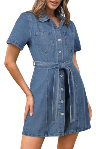 Fengbay Denim Dresses for Women Short Sleeve Button Down Jean Shirt Dress | Drawstring Waist,Suitable For Summer Dates, Holiday Trips & Daily Wear, Lightweight Stretch Cotton Denim