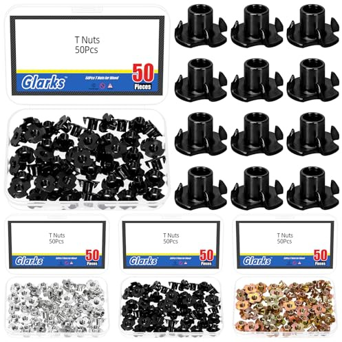 Glarks 50pcs M6 x 10mm Nero 4-pronged Tee Nut, acciaio al carbonio quattro-mandibola T dadi, inserto filettato T-Nut per mobili in legno, arrampicata sulla roccia sostiene
