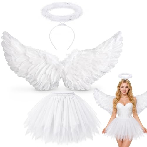 YeahBoom 3 unidades de disfraz de ángel blanco para mujer, 80 cm, alas de ángel para adultos con aureola, 80-130 cm, falda de tul para mujer, disfraz de ángel para Halloween, carnaval, cosplay, fiesta