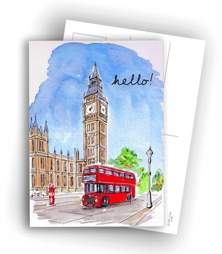 London Postcards – Watercolor Illustration of Big Ben & Double-Decker Bus – “Hello” | Set of 10 flat cards (A6) – Writable reverse side