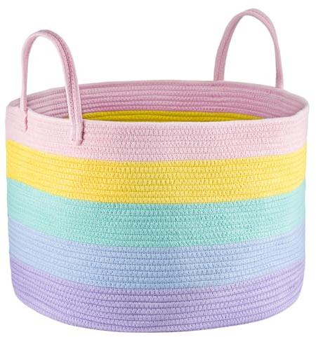 Youyijia Geflochtener Wäschekorb Aufbewahrungskorb 50x50x33cm Wäschekörbe Wohnzimmer Kinderzimmer für Decken, Spielzeug, Kleidung, Faltbar & Stabil (Heller Regenbogen)