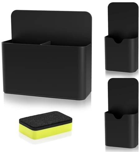 MoKo Magnetischer Stiftehalter, 3 Stück mit Whiteboard-Schwamm, Schwarz | Whiteboard Zubehör mit verstellbaren Trennwänden, als Stifthalter für Kühlschrank, Schule und Büro.