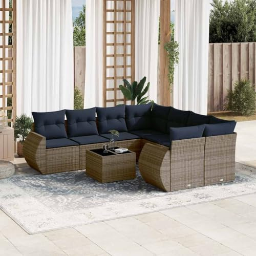 Teenpull 9-delat set för trädgårdssoffa, polyrattan grå med kudde, modulär utomhus loungesoffa för uteplats, balkong, terrass, väderbeständig