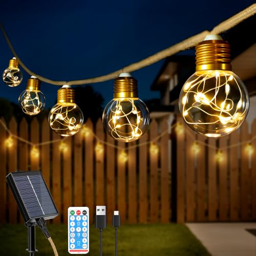 Ollny Solar Lights Outdoor Garden, 8M Hemp Rope Fairy Lights Solar Powered with 16 Shatterproof G50 Bulbs, 8 Modes Waterproof Festoon String Lights Outside for Balcony Fence Patio Party Gazebo Decor