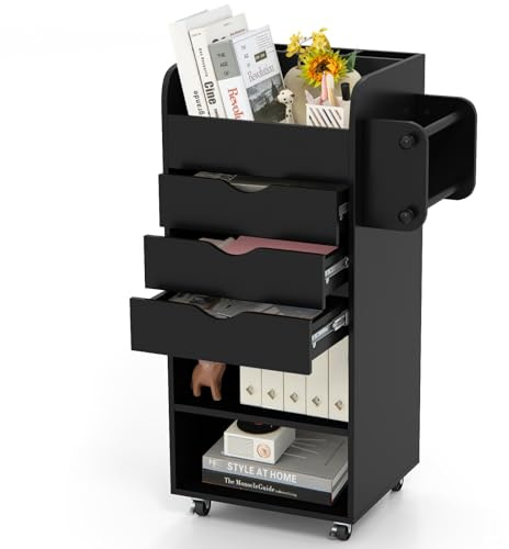 SFAREST Mobile File Cabinet, Rolling Stationery Filing Cabinet with Lockable Wheels, 3 Drawers, 2 Open Shelves & 2 Hanging Bars, Wooden Under Desk Storage Cupboard for Home Office (Black)