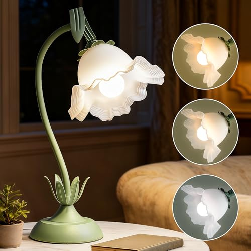 Blume Tischlampe, Nachttischlampe mit Kabelschalter, Vintage Grüne LED Blume Tischlampen, 3 Farbmodi Schreibtischlampe, Leselampe, Flexiblem, E27 Lampe, für Deko Schlafzimmer, Wohnzimmer, Wohnkultur
