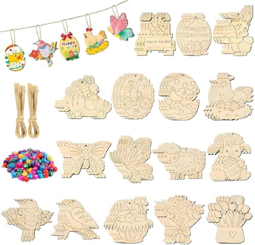 Bastelset Ostern, 146stk Bastelset Ostern, DIY Holzanhänger Osterdeko zum Basteln, Holz Hase Deko mit Osterhasen, Osterei, Lamm, Osterstrauß, Juteschnur und Glocke, für Basteln und Bemalen(holz 1)