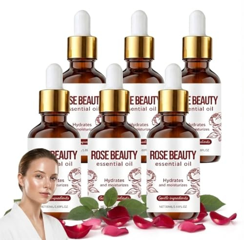 Rose Beauty eterisk olja, återfuktande ansiktsolja för torr hud, fuktande ansiktsserum med mjuka ingredienser, fettfri sminkbas, långvarigt vätserum, hudstruktur som förbättrar oljor (6 st)