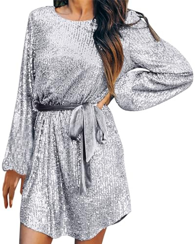 Glitzerkleid Damen Elegant Glitzer Pailletten Kleider Lange Ärmel Partykleid Glitter Kleid Festliche Paillettenkleid Knielang Figurbetontes Cocktailkleid Silvesterkleid Karnevalskostüme