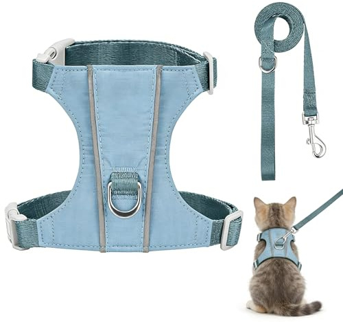 Katzengeschirr Weich Atmungsaktiv, Verstellbar Katzenleine mit Reflektierend, Katzengeschirr mit Leine Ausbruchsicher, Wasserdicht Katzen Geschirr Set, Katzenleine mit Geschirr für Katzen, Graublau S